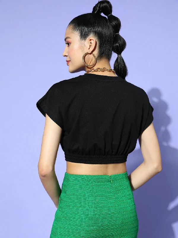 Women Black Terry Drop Shoulder Crop Vest