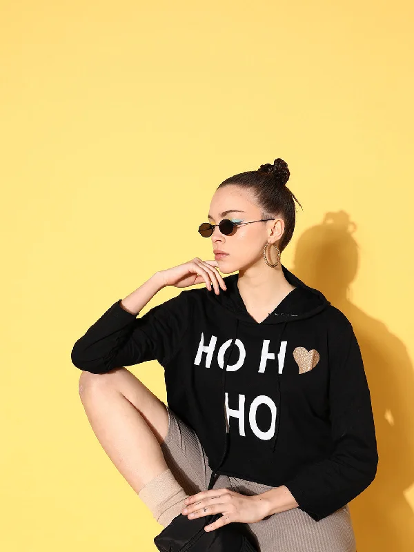 Women Black Terry HO HO Boxy Crop Hoodie