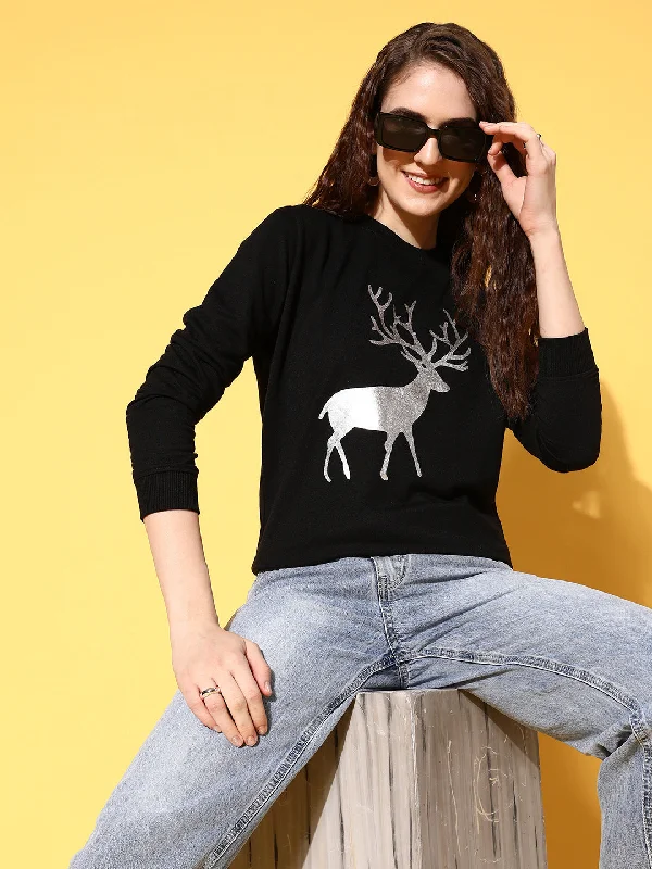 Women Black Terry Silver REINDEER Sweatshirt