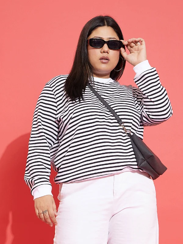 Women Black & White Striped Full Sleeves Sweater