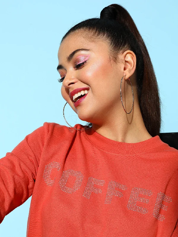 Women Coral COFFEE Studded Terry Sweatshirt