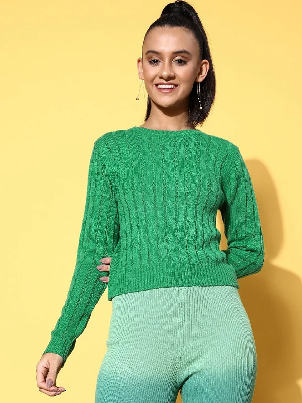 Women Green Cableknit Full Sleeves Sweater