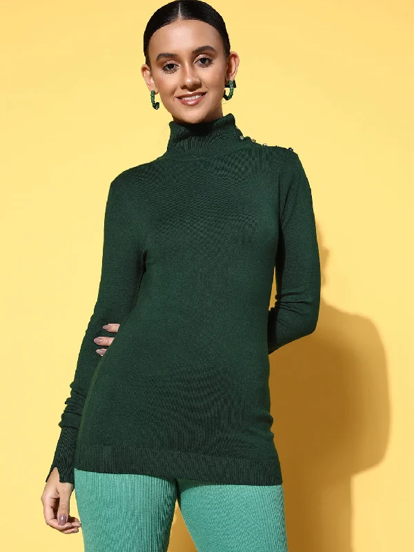 Women Green Rib High Neck Button Detail Sweater