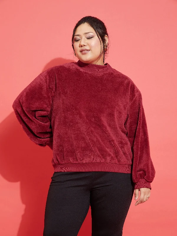 Women Maroon Fleece Fur High Neck Sweatshirt