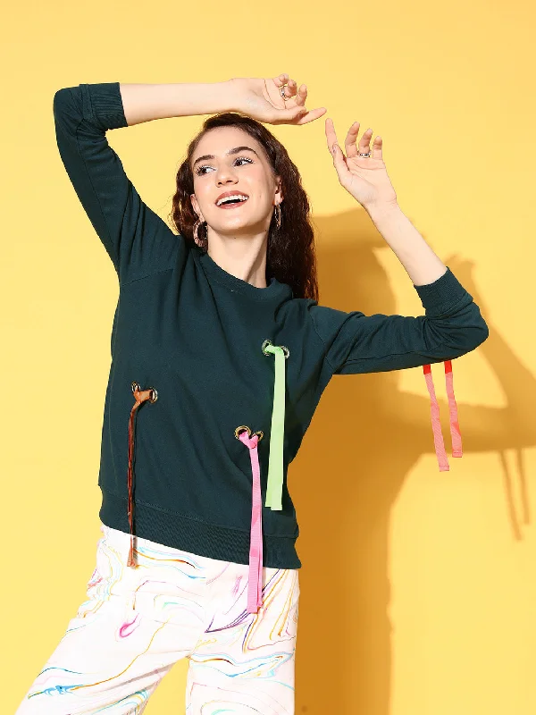 Women Teal Multicolor Ribbon Detail Sweatshirt