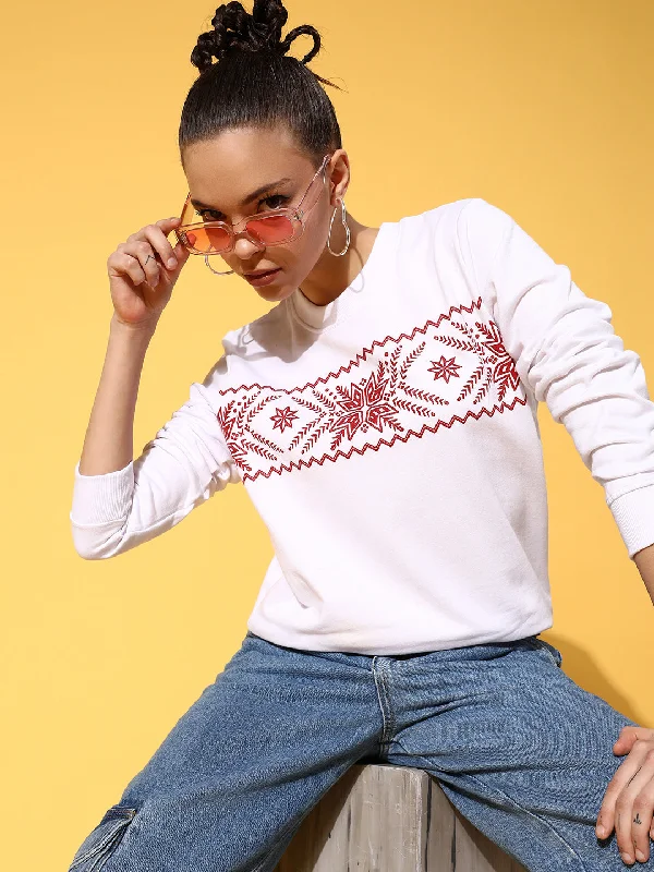 Women White Border Print Sweatshirt