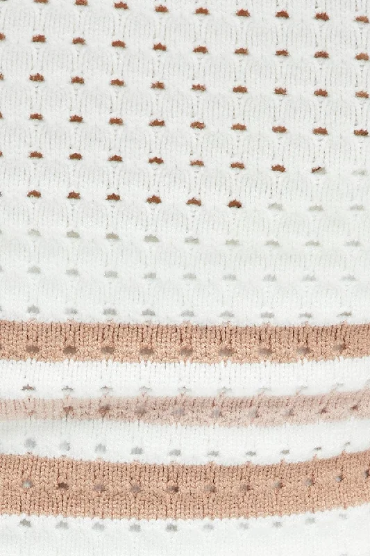 Beige Stripe Knit Dress Sleeveless Crochet