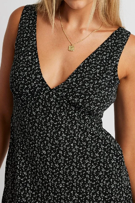 Black Ditsy A Line Dress Sleeveless