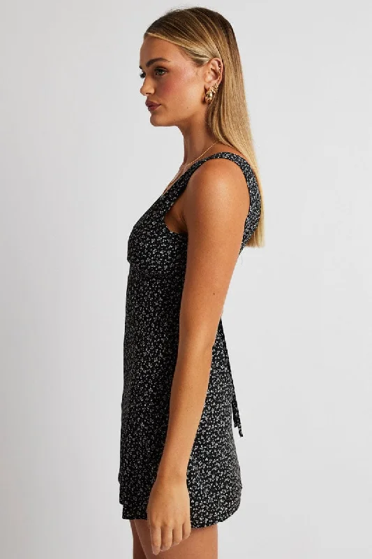 Black Ditsy A Line Dress Sleeveless