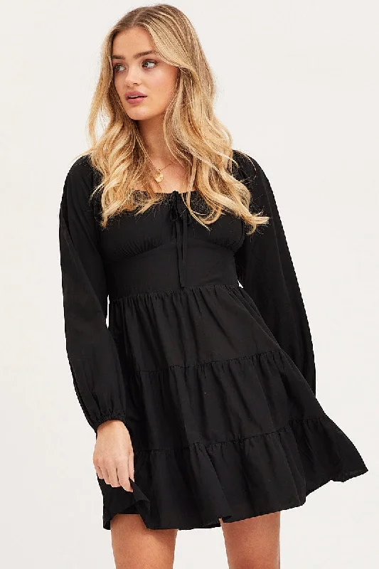 Black Fit And Flare Dress Long Sleeve Square Neck