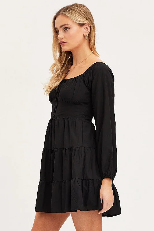 Black Fit And Flare Dress Long Sleeve Square Neck