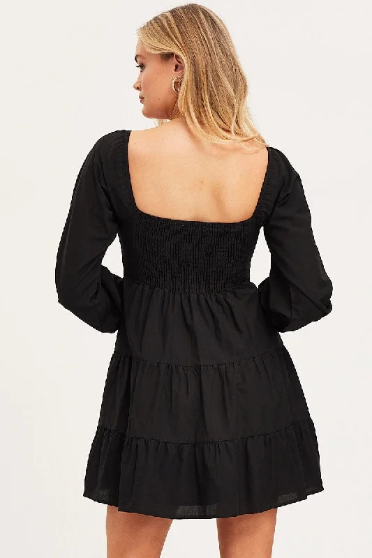 Black Fit And Flare Dress Long Sleeve Square Neck