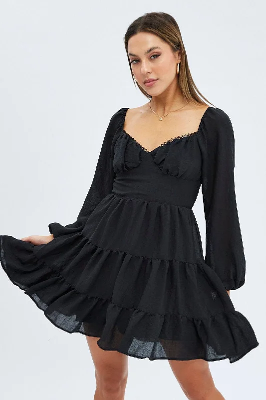 Black Fit and Flare Dress Long Sleeve Tiered