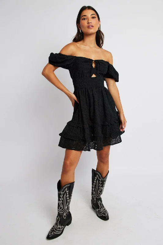 Black Fit and Flare Dress Short Sleeve Embroidered