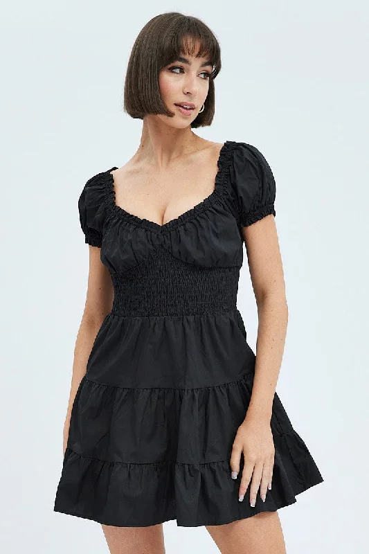 Black Fit and Flare Dress Short Sleeve Shirred