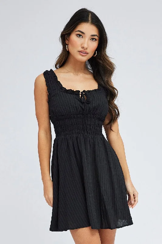 Black Fit and Flare Dress Sleeveless Waist Shirred