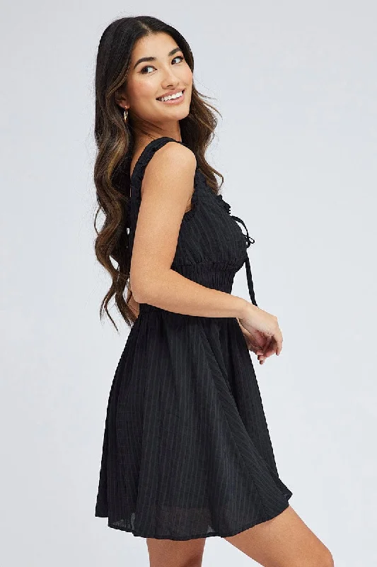 Black Fit and Flare Dress Sleeveless Waist Shirred