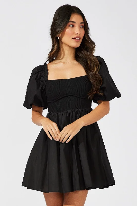 Black Fit and Flare Short Puff Sleeve