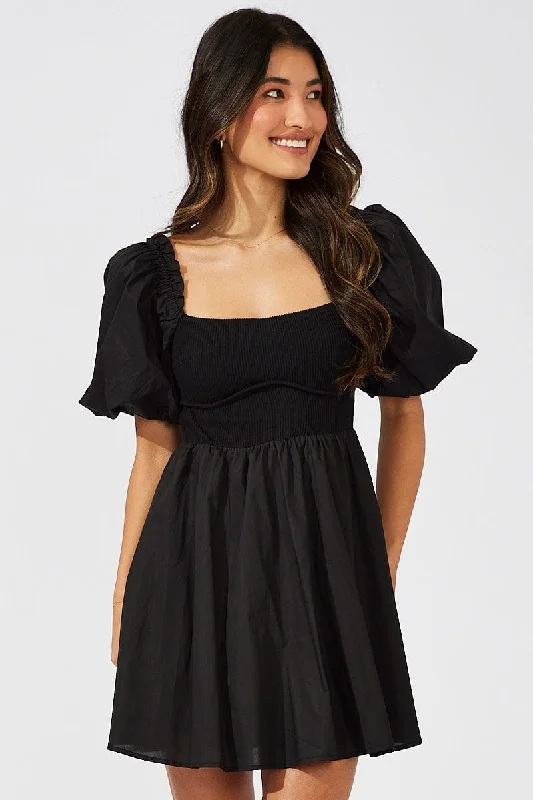 Black Fit and Flare Short Puff Sleeve