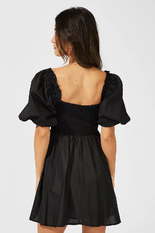 Black Fit and Flare Short Puff Sleeve