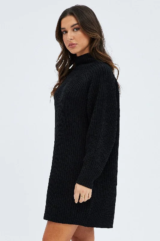 Black Knit Dress High Neck Oversized Chenille