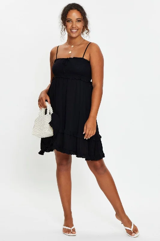 Black Sleeveless Shirred Ruffle Summer Dress