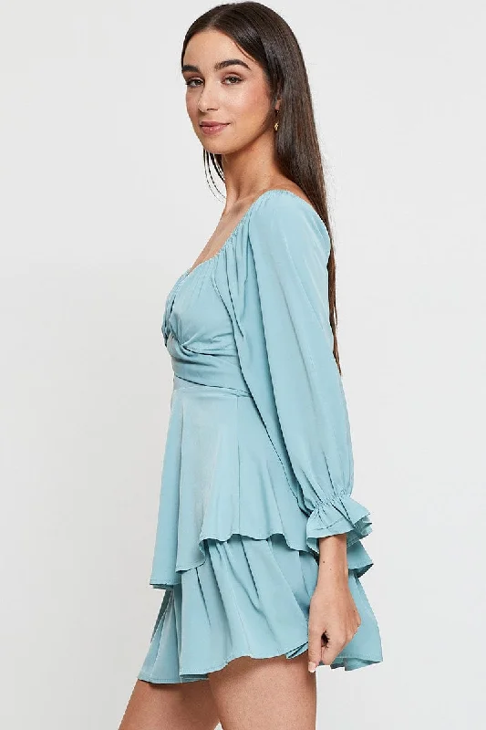 Blue Fit And Flare Dress Long Sleeve Scoop Neck