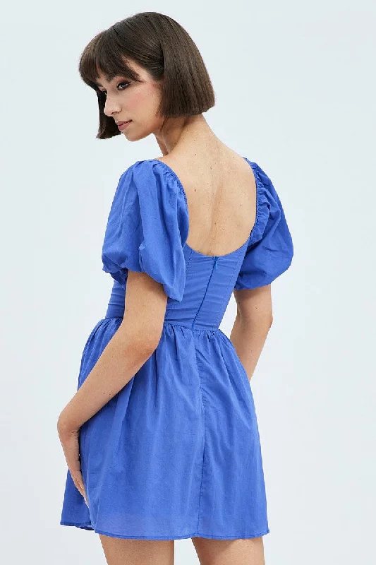 Blue Fit and Flare Dress Short Sleeve