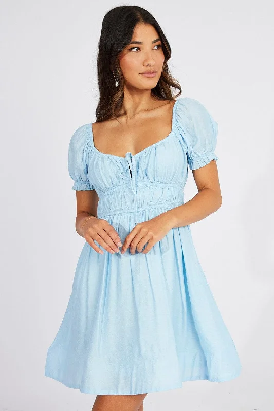 Blue Fit and Flare Dress Short Sleeve Ruched