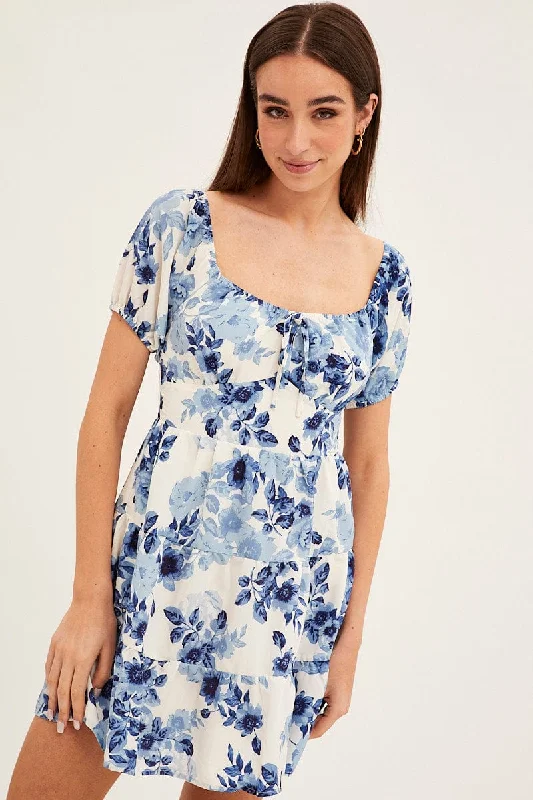 Blue Floral Fit And Flare Dress Short Sleeve Round Neck