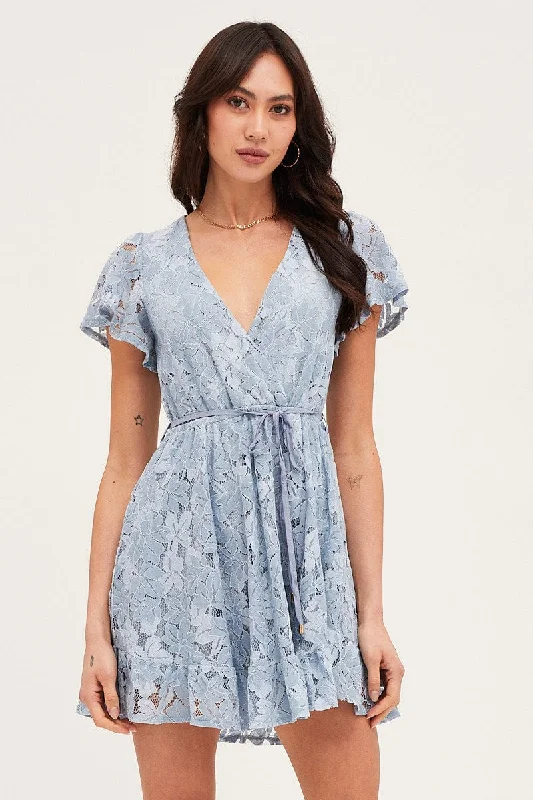 Blue Short Sleeve Lace Wrap Front Skater Dress