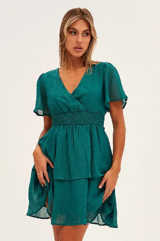 Blue Tiered Dress Flutter Sleeve Wrap Front Tiered Hem