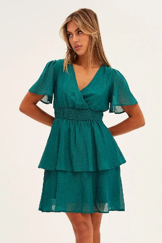 Blue Tiered Dress Flutter Sleeve Wrap Front Tiered Hem