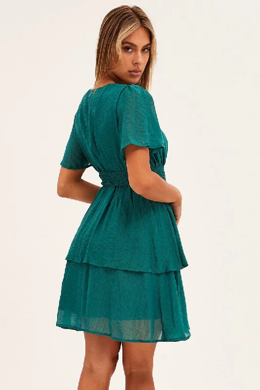 Blue Tiered Dress Flutter Sleeve Wrap Front Tiered Hem