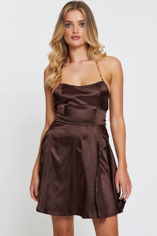 Brown A Line Dress Halter Neck