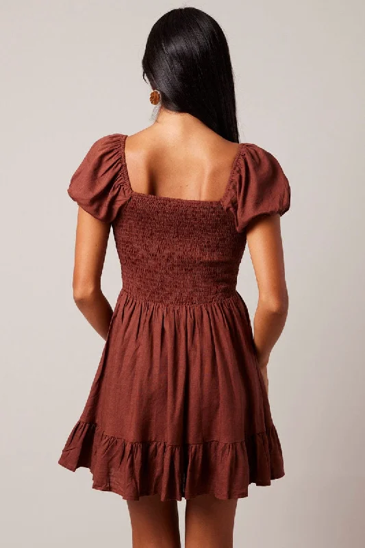 Brown Fit And Flare Dress Puff Sleeve