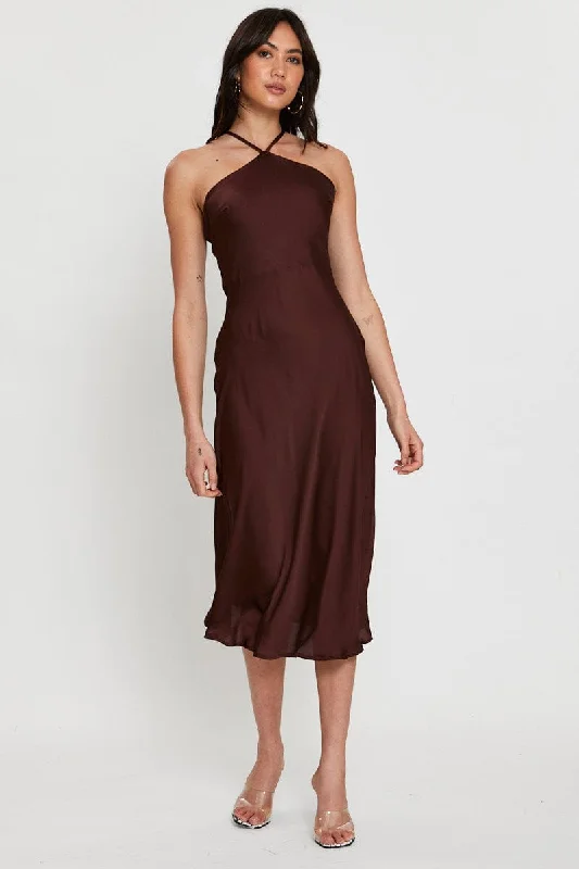 Brown Slip Dress Halter Neck