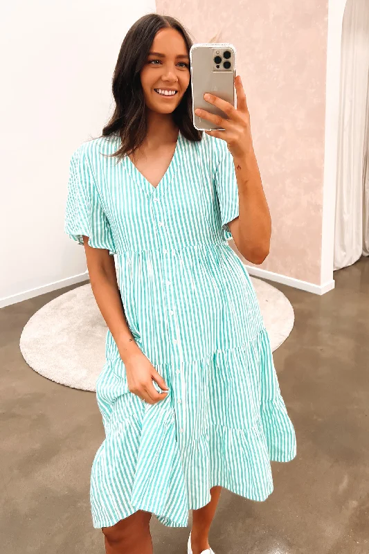 Chez Midi Dress Green White Stripe