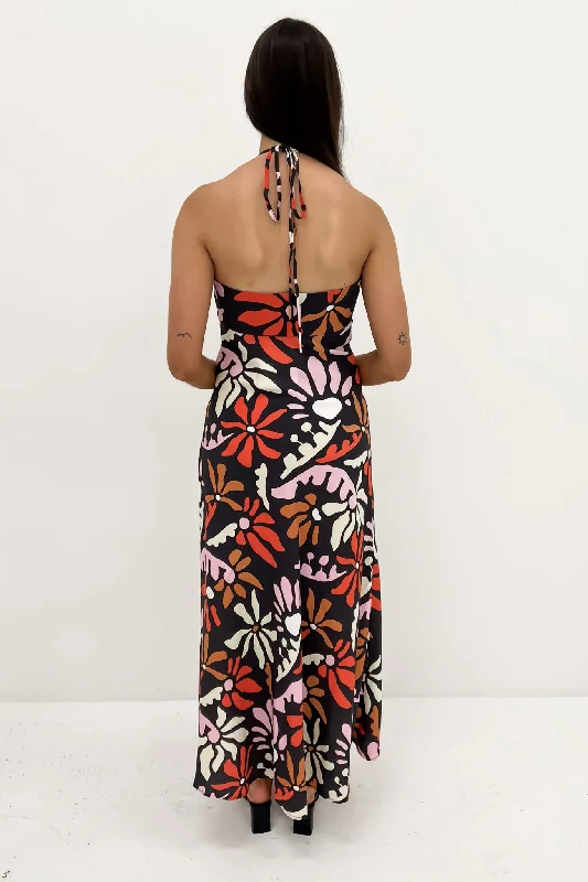 Dandy Breeze Gathered Halter Dress Black Multi