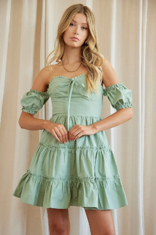 Green Fit And Flare Dress Off Shoulder Short Sleeve