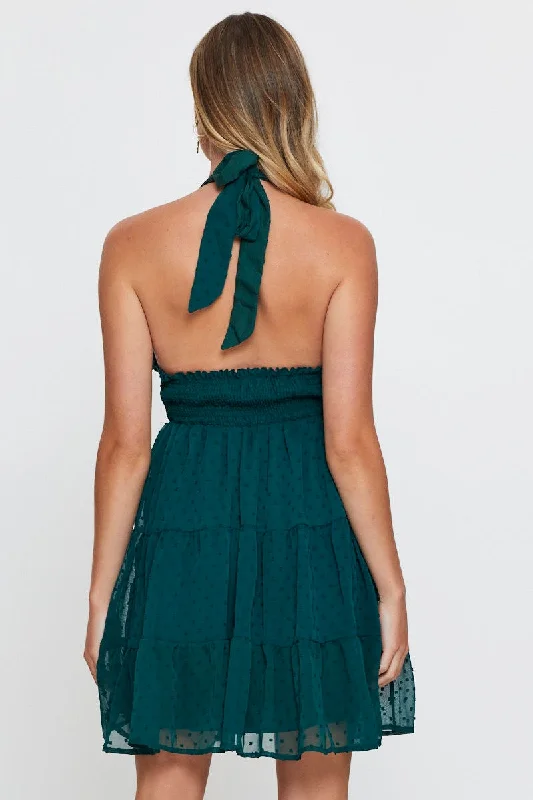 Green Fit And Flare Dress Sleeveless Halter Neck