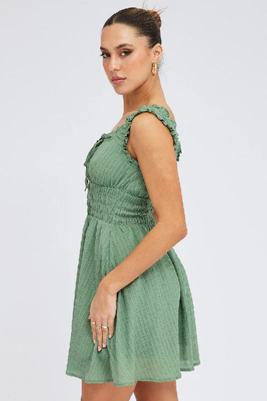 Green Fit and Flare Dress Sleeveless Waist Shirred