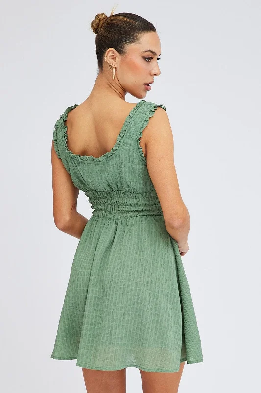 Green Fit and Flare Dress Sleeveless Waist Shirred