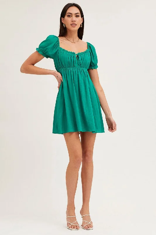 Green Gathered Bust Puff Sleeve Skater Dress