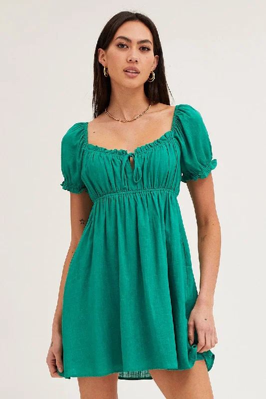 Green Gathered Bust Puff Sleeve Skater Dress