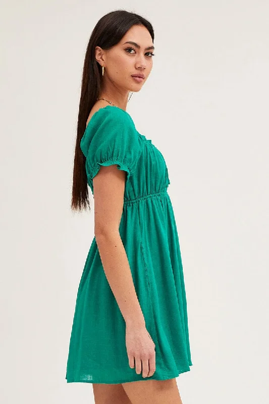 Green Gathered Bust Puff Sleeve Skater Dress