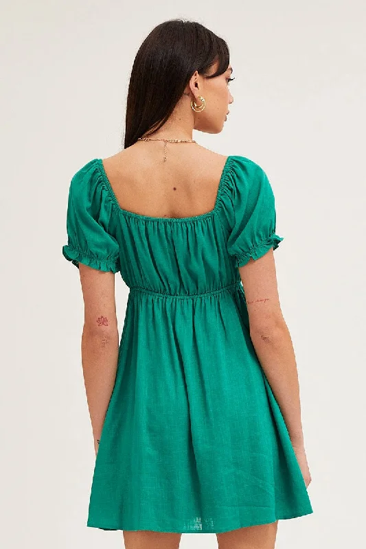 Green Gathered Bust Puff Sleeve Skater Dress