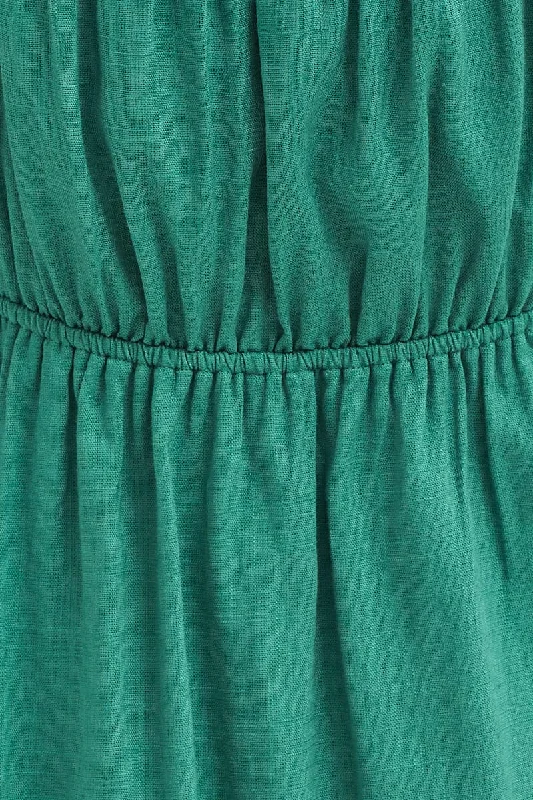 Green Gathered Bust Puff Sleeve Skater Dress