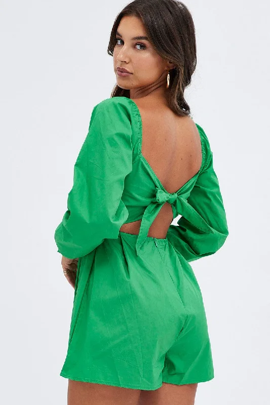 Green Poplin Playsuit Long Sleeve Tie Back