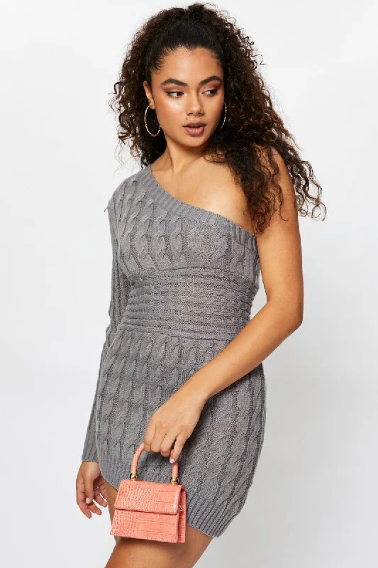 Grey One Shoulder Cable Knit Dress